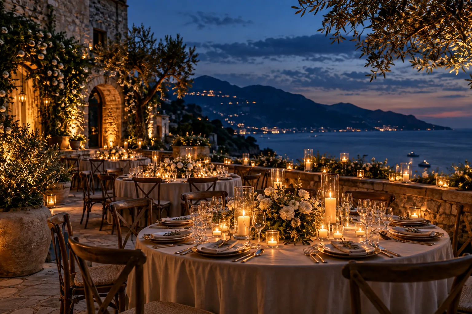 An evening reception table lit by warm candles
