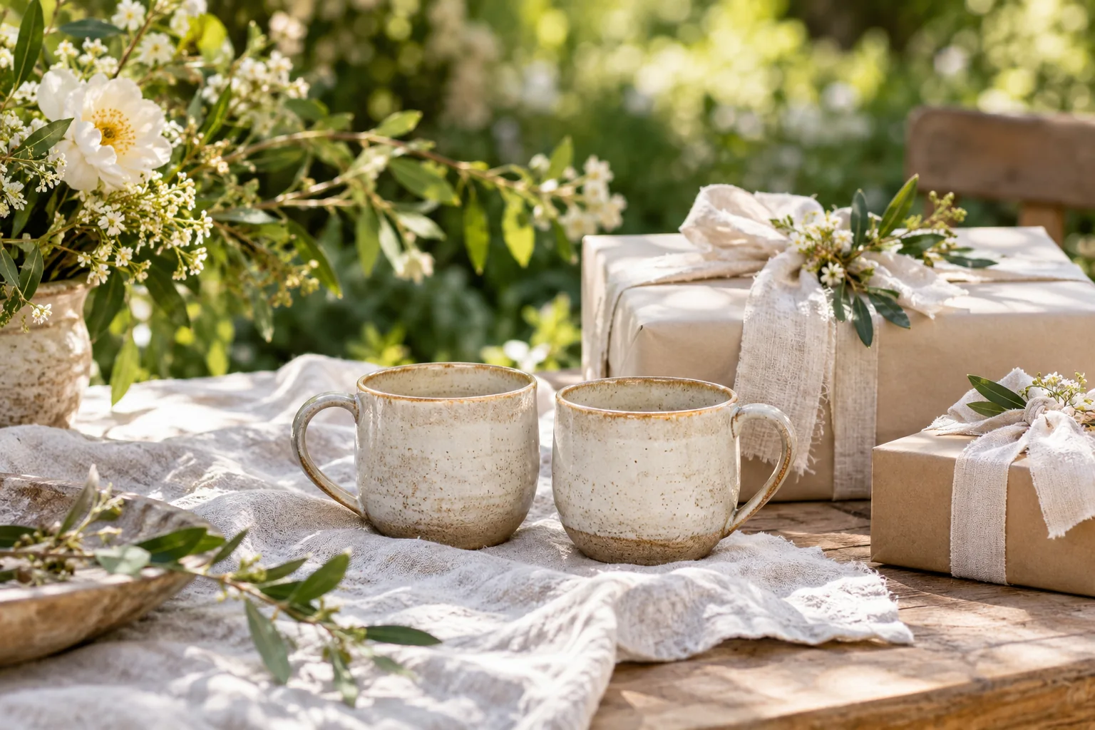 Two ceramic mugs beside neatly wrapped gifts and linen