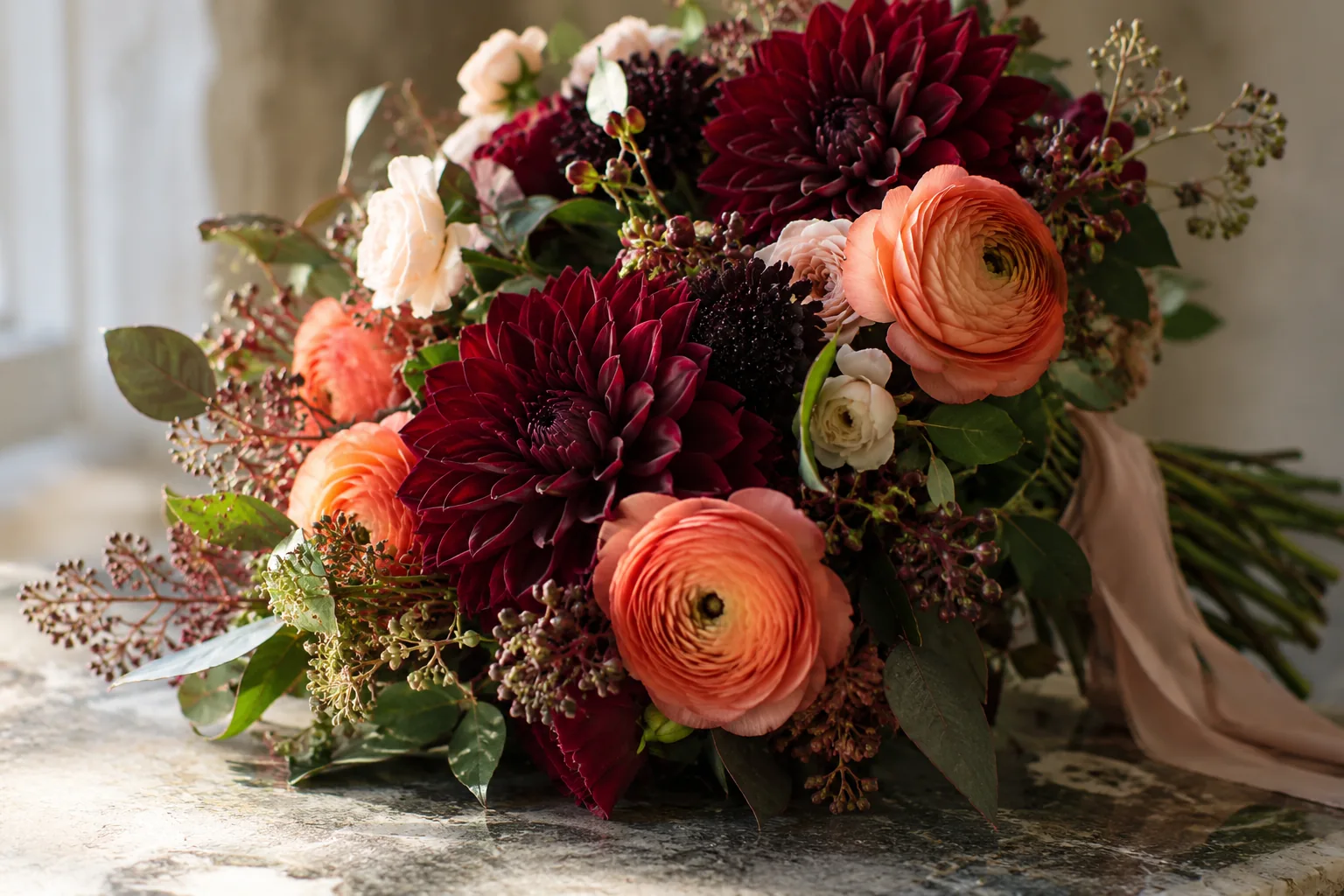 Burgundy dahlias and coral flowers in a textured bouquet