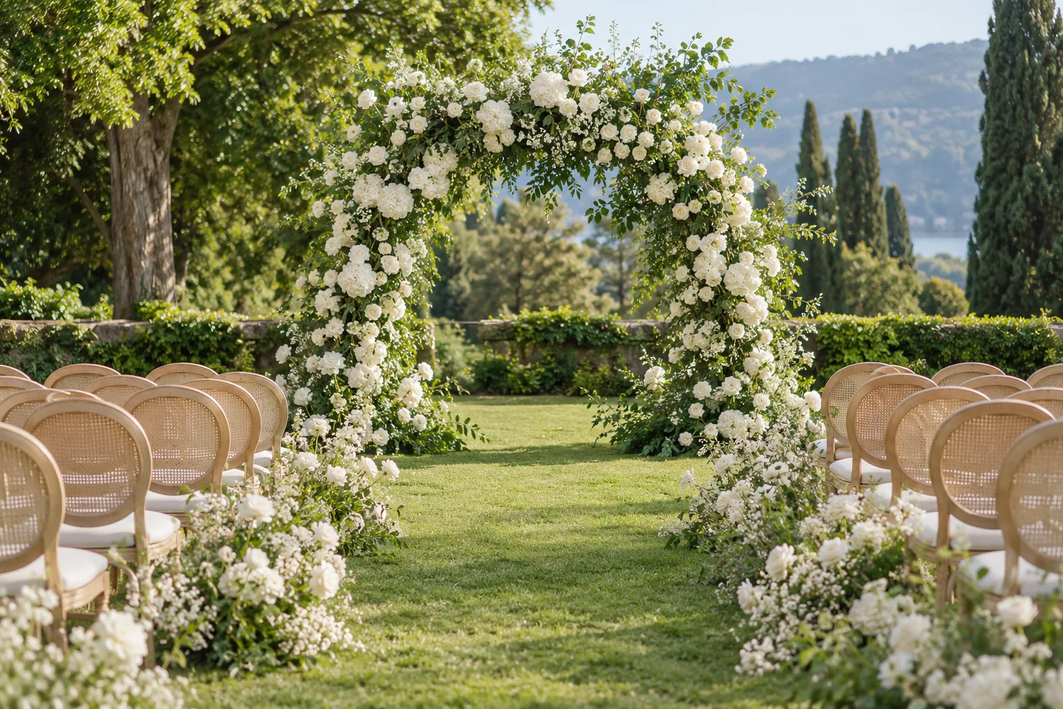 White floral arch and rows of chairs in a sunlit garden