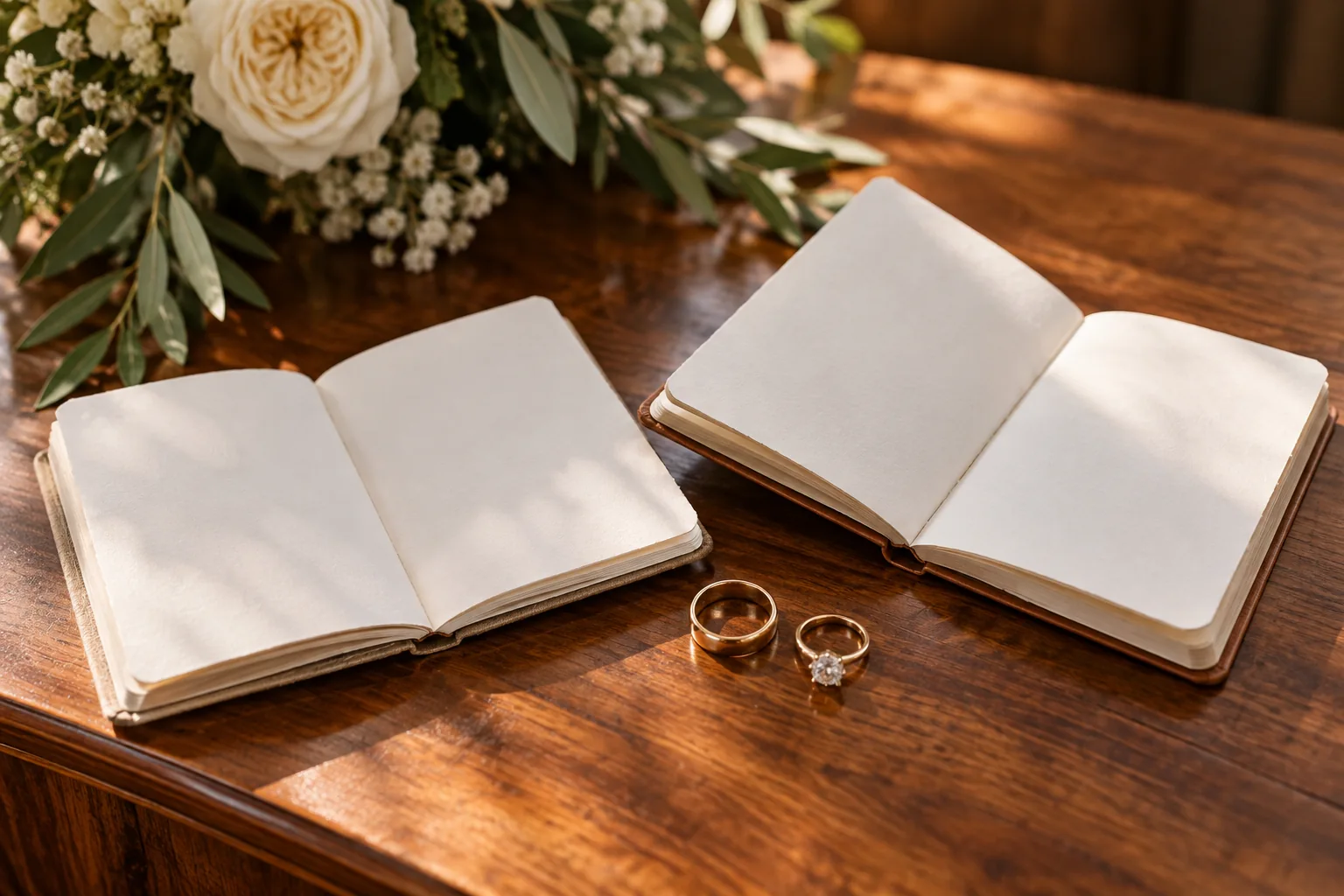 Two open notebooks and wedding rings on a wooden table