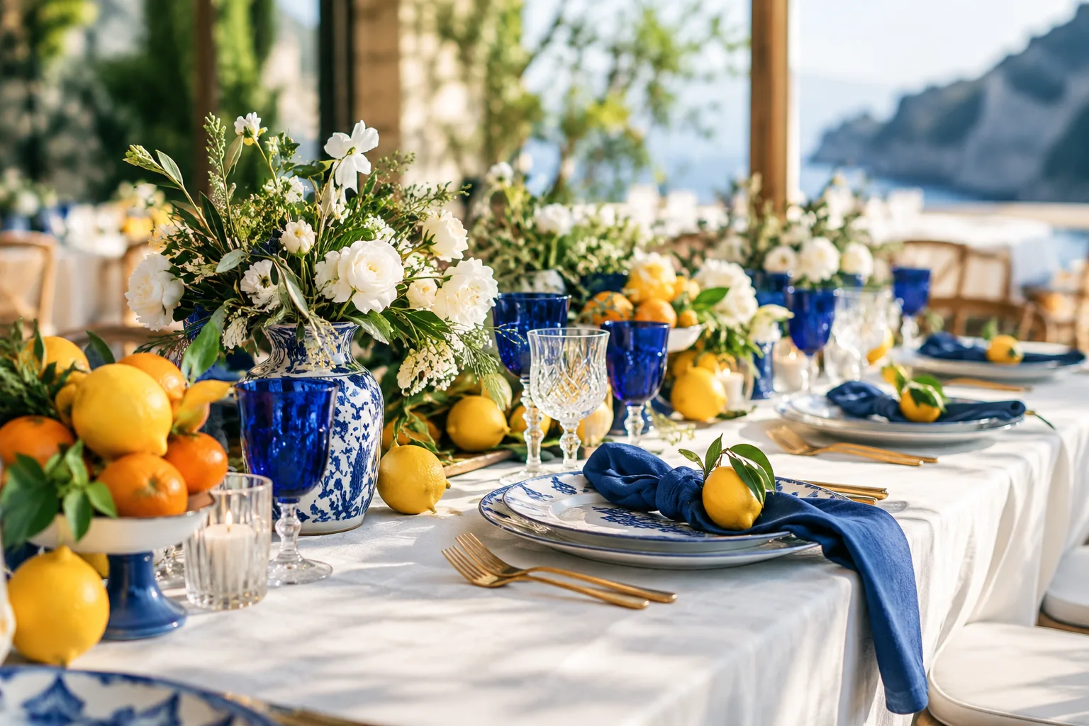 Cobalt napkins and citrus-colored flowers on a modern reception table